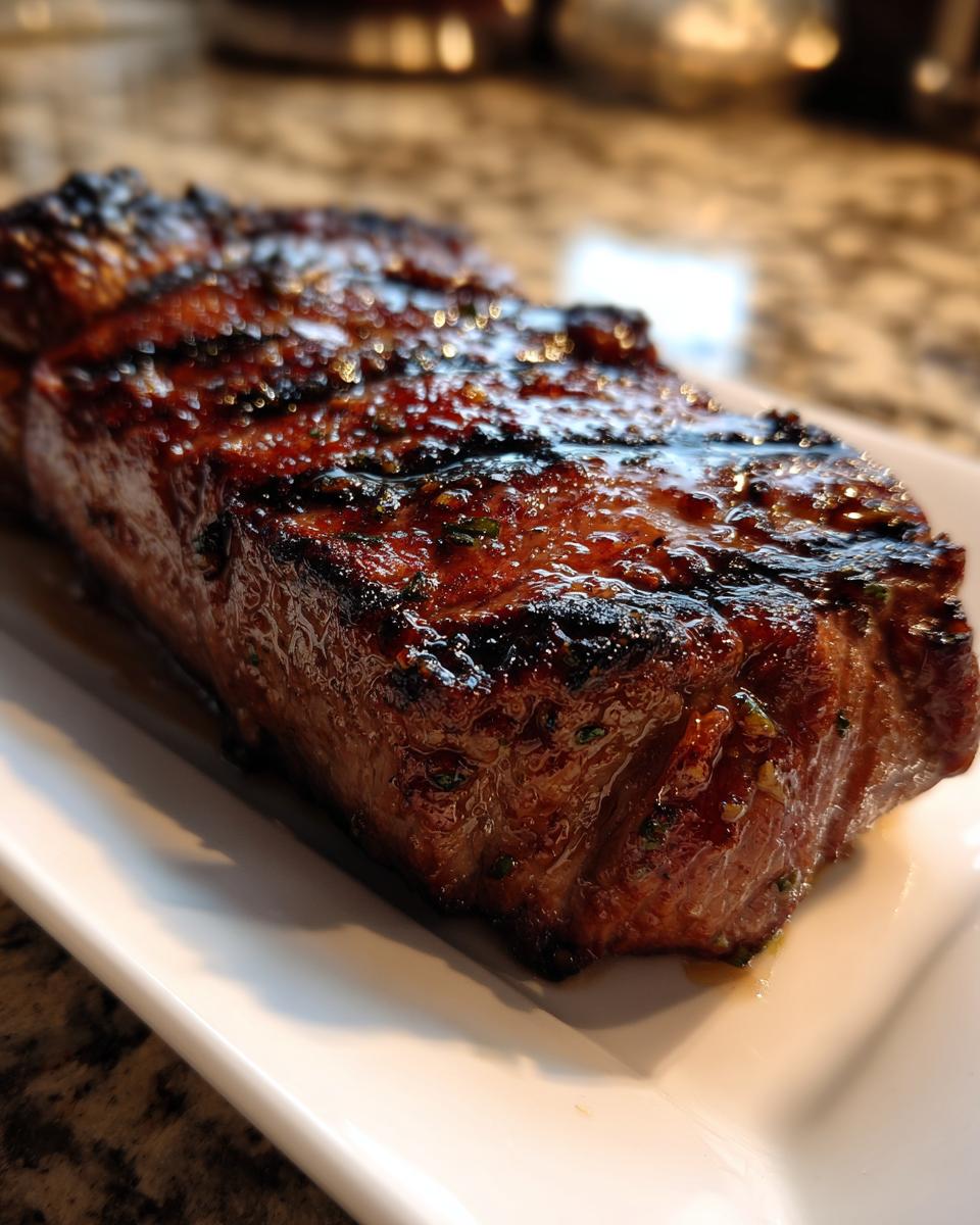 Close-up of a grilled steak marinated in carne asada steak marinade, glistening on a white plate.