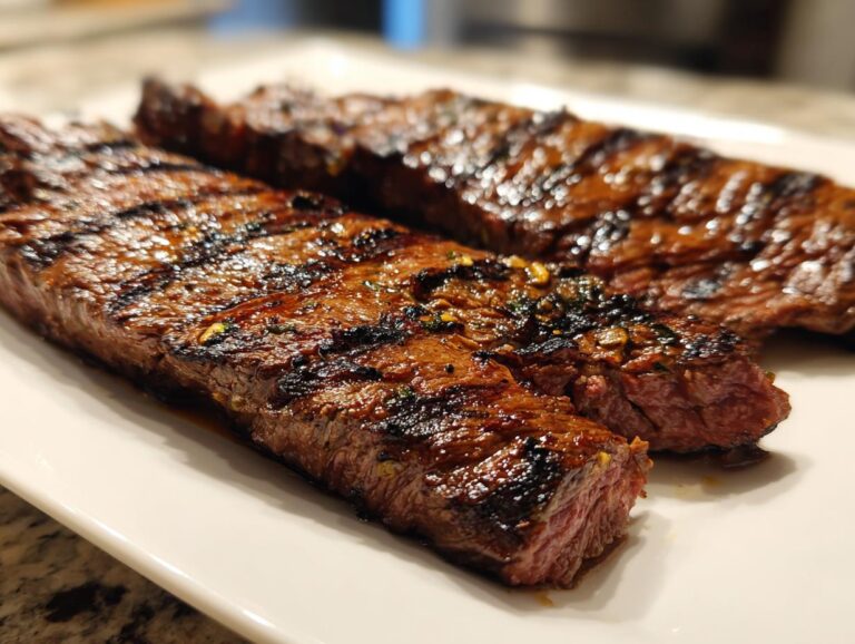 Two grilled carne asada steaks showing grill marks after using carne asada steak marinade.