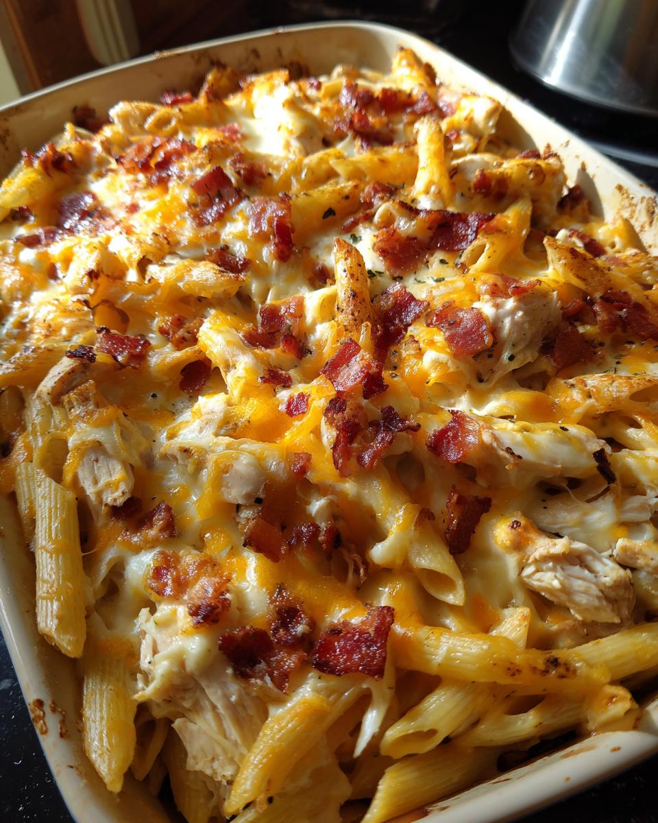 Close-up of a Chicken bacon ranch pasta bake in a baking dish, topped with melted cheese and crispy bacon.