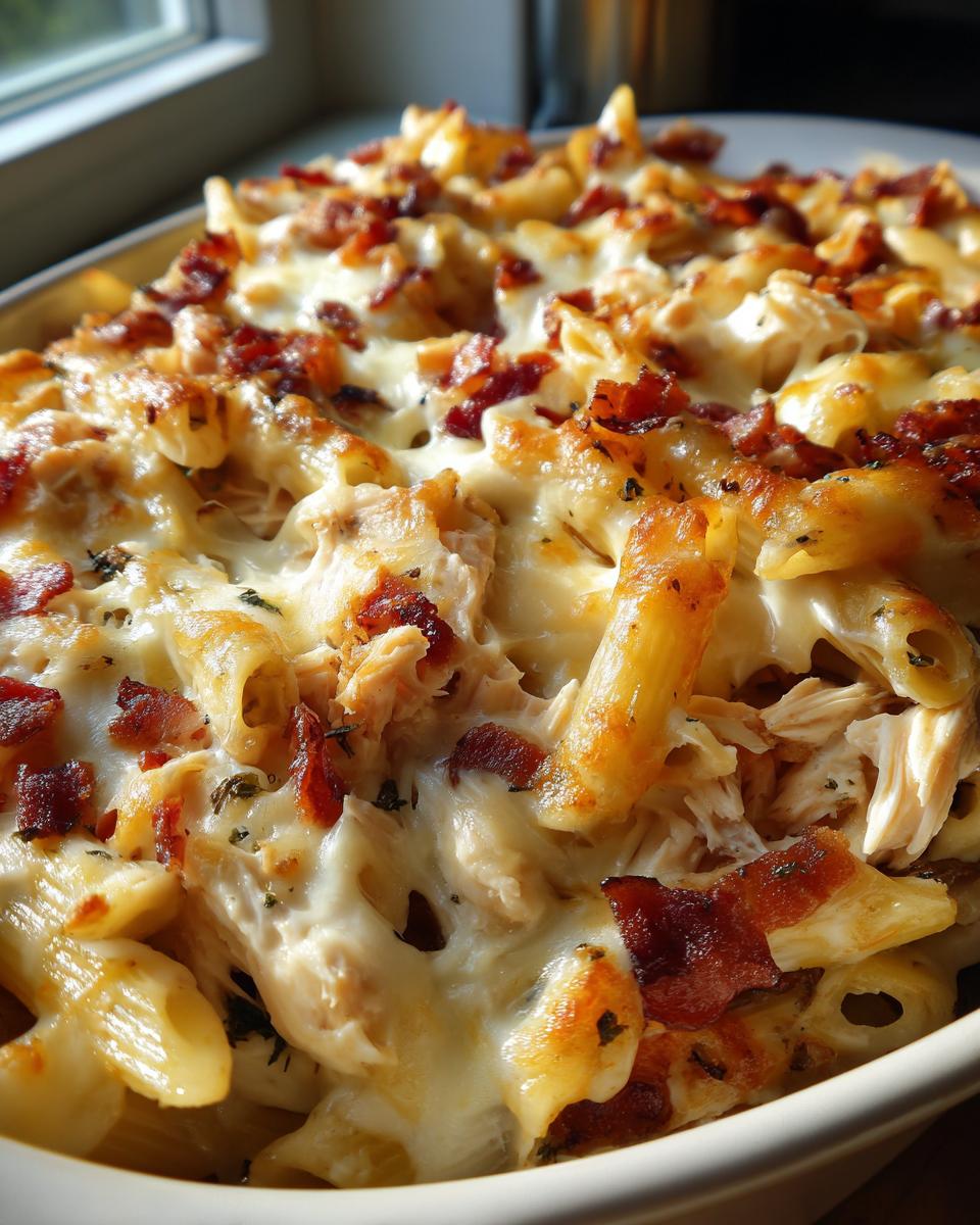 A close-up of Chicken bacon ranch pasta bake with penne pasta, chicken, bacon, ranch sauce, and melted cheese.