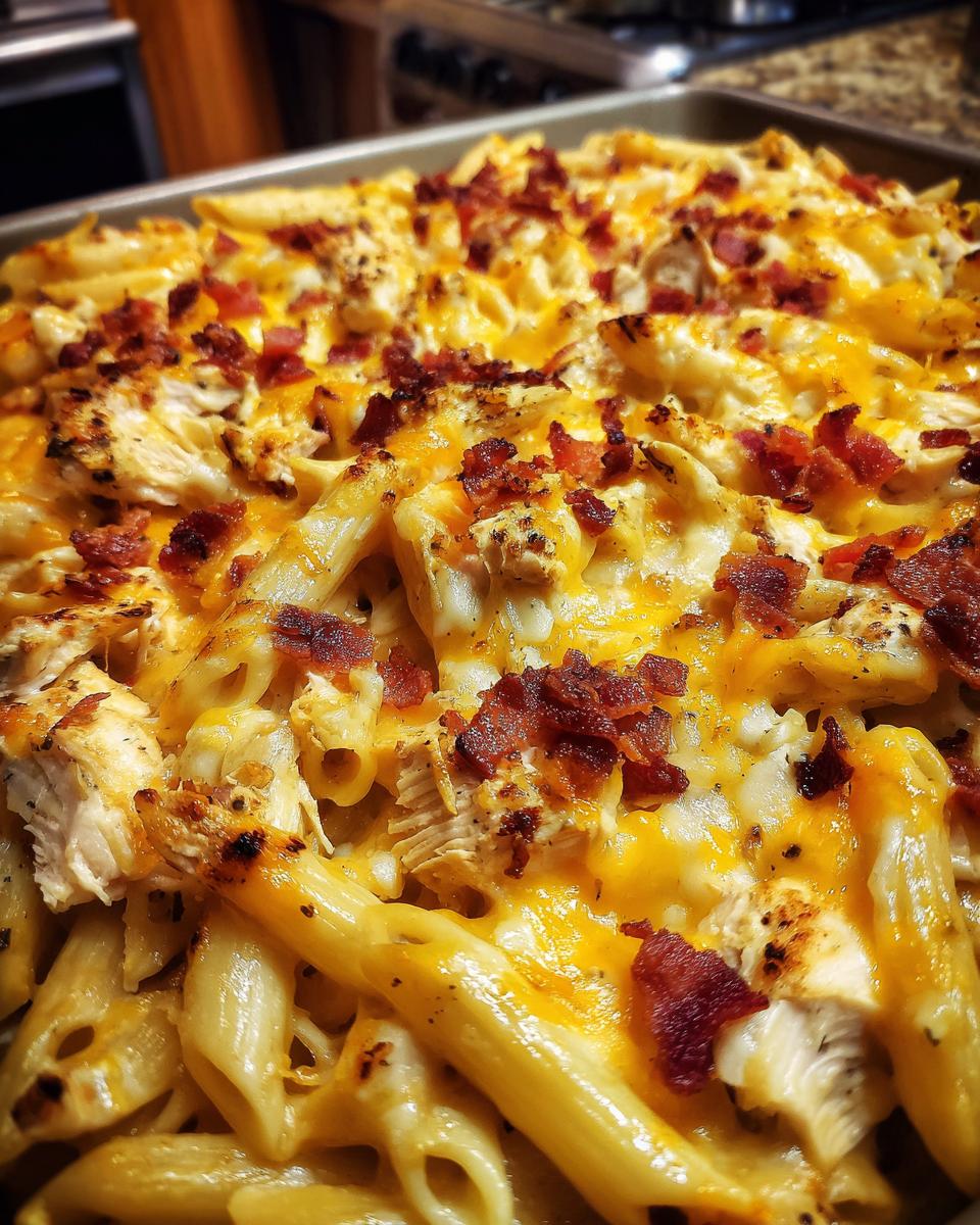 Close-up of a Chicken bacon ranch pasta bake, showing penne pasta, chicken, bacon, and melted cheese.