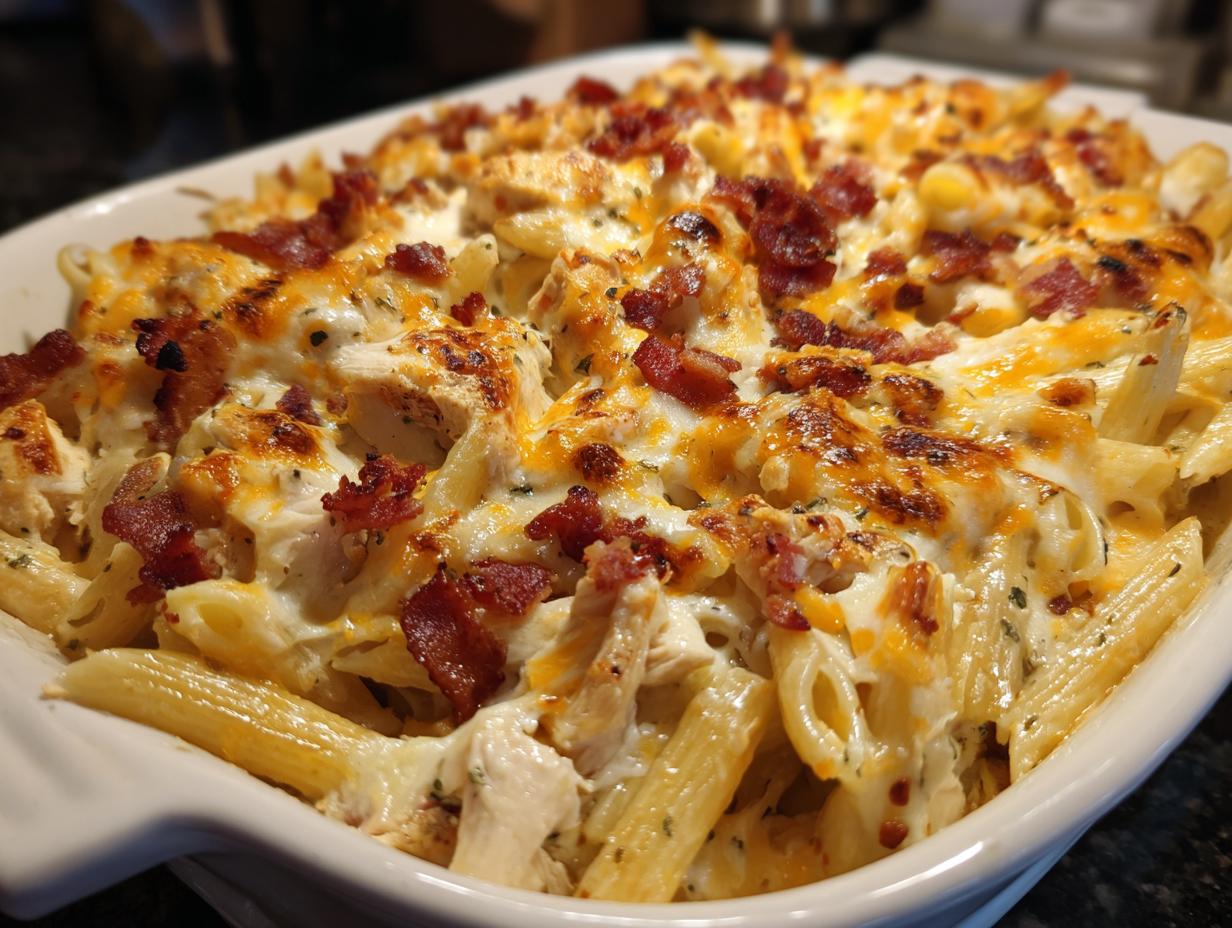 A delicious Chicken bacon ranch pasta bake in a white baking dish, topped with melted cheese and crispy bacon.
