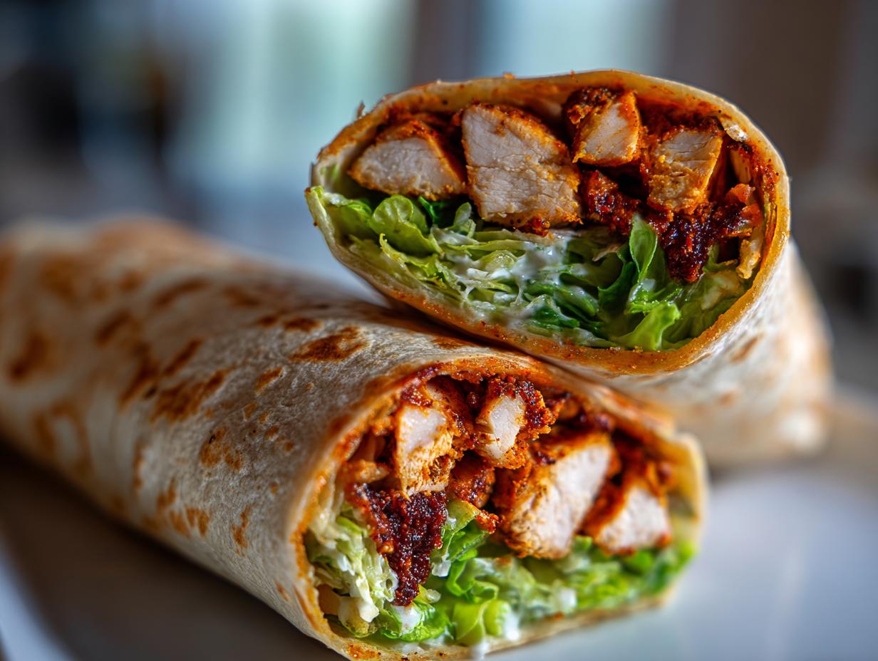 A close-up of a Chicken Caesar wrap, showcasing the chicken, lettuce, and dressing filling.