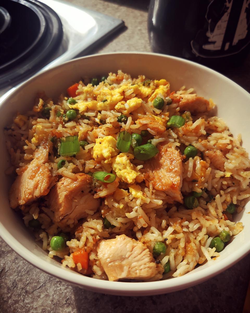 A bowl of delicious chicken fried rice with peas, carrots, egg, and green onions.