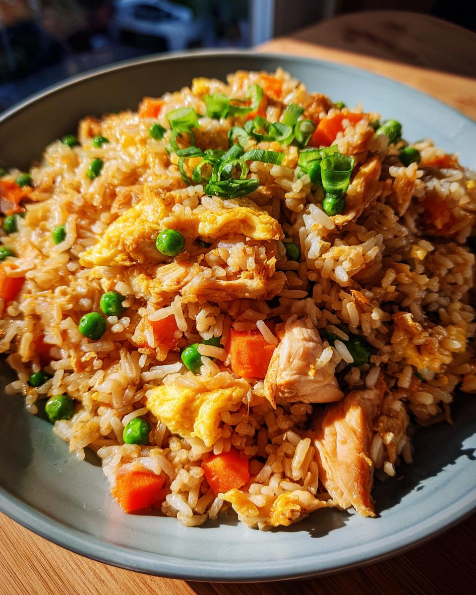 A bowl of vibrant Chicken fried rice with visible chicken, peas, carrots, and egg, garnished with green onions.