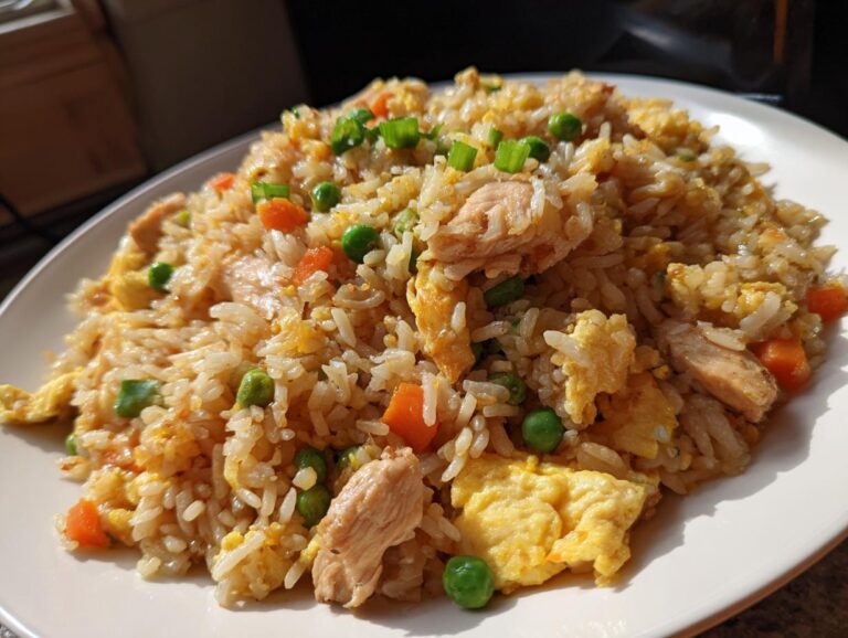 A plate of delicious chicken fried rice with chicken, peas, carrots, and egg.