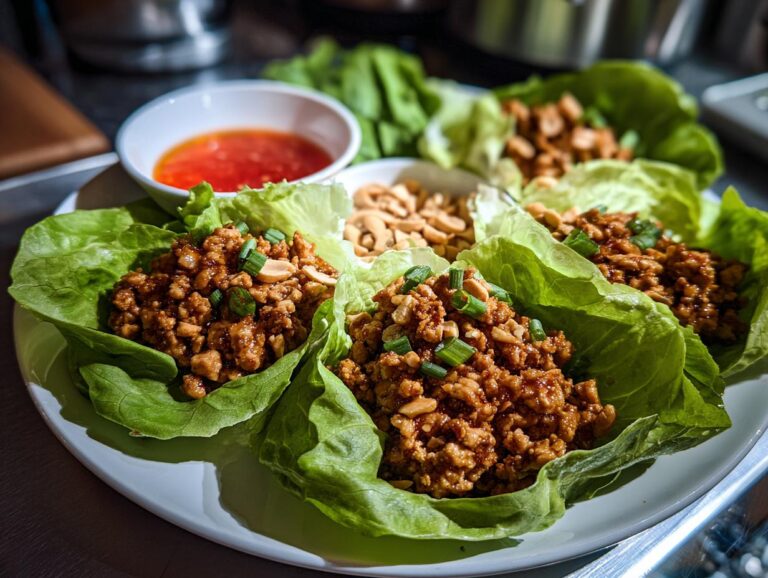 A plate of appetizing chicken lettuce wraps, garnished with peanuts and green onions, served with a dipping sauce.