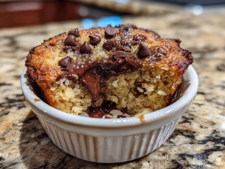 Close-up of chocolate chip baked oats in a white ramekin, with melted chocolate dripping down the side.