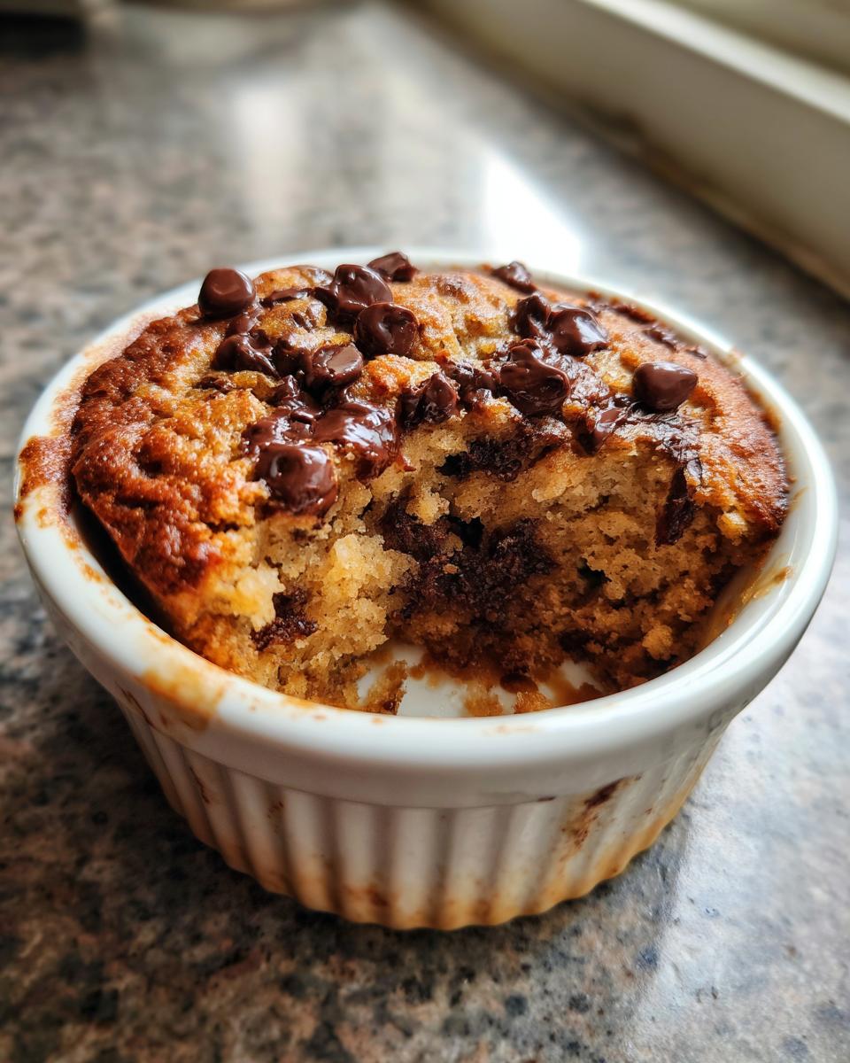 A single serving of chocolate chip baked oats in a white ramekin, with a spoonful missing.