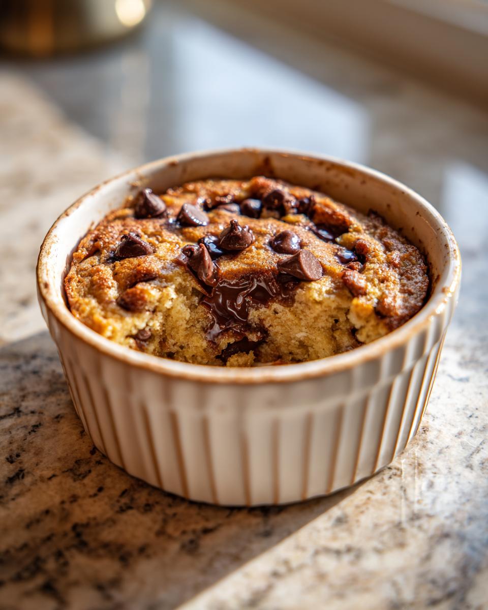 Single serving of chocolate chip baked oats in a ramekin, with a bite taken out to show the texture.