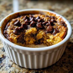 Close-up of chocolate chip baked oats in a white ramekin, with a spoonful missing. A cake-like breakfast.