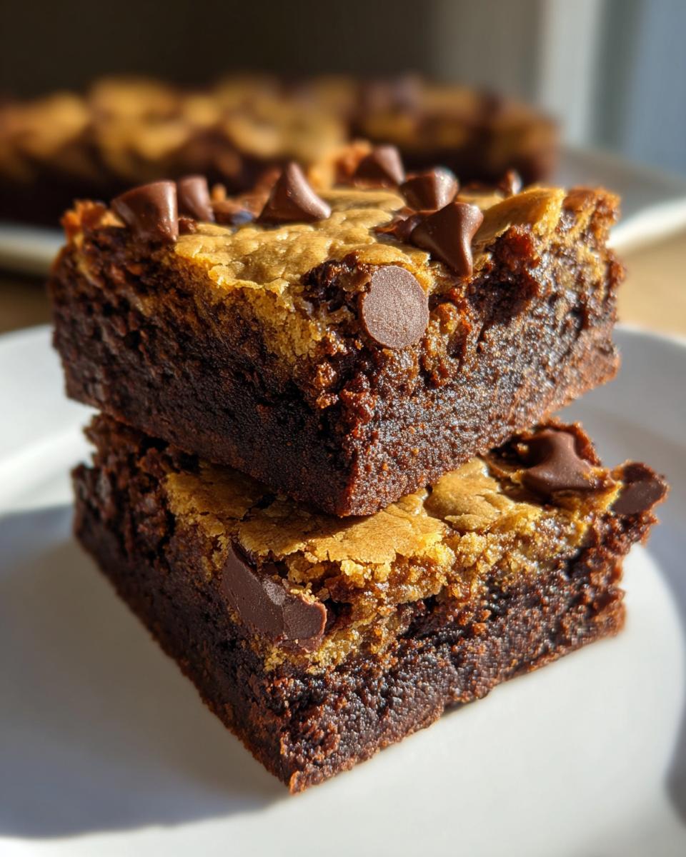 Two stacked chocolate chip cookie brownie bars topped with chocolate chips on a white plate.