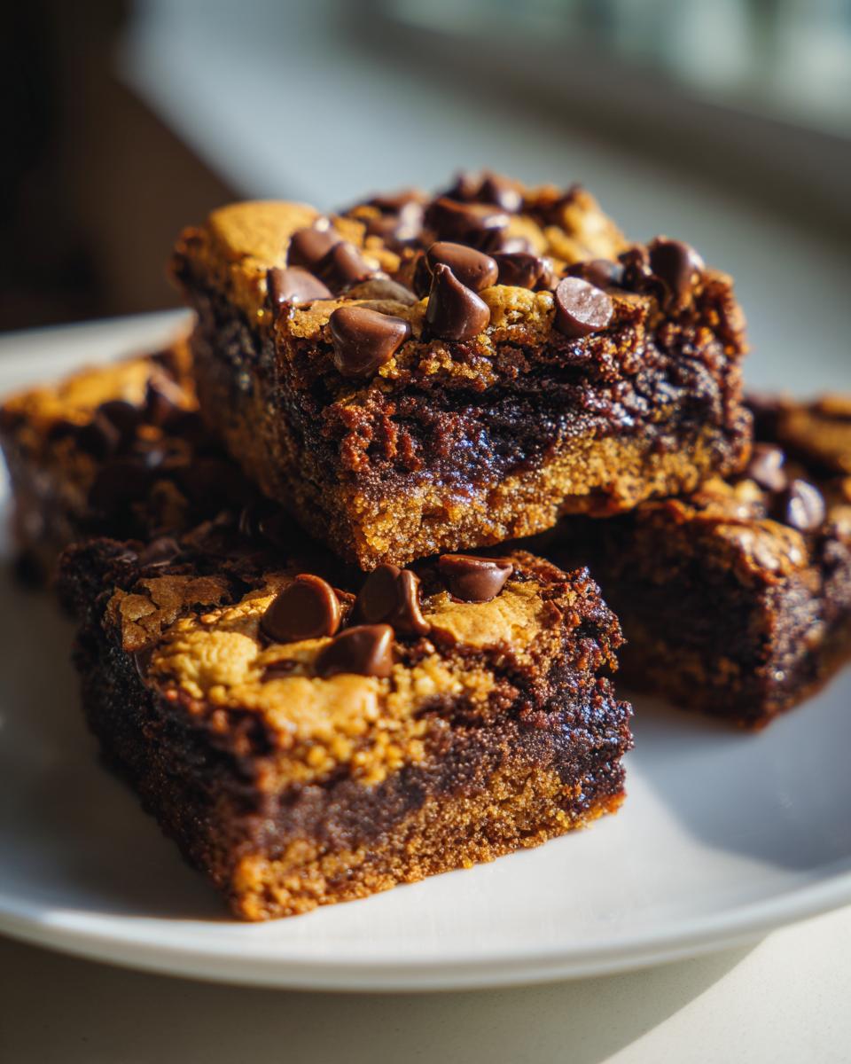 A stack of chocolate chip cookie brownie bars on a white plate, showcasing the brownie and cookie layers.