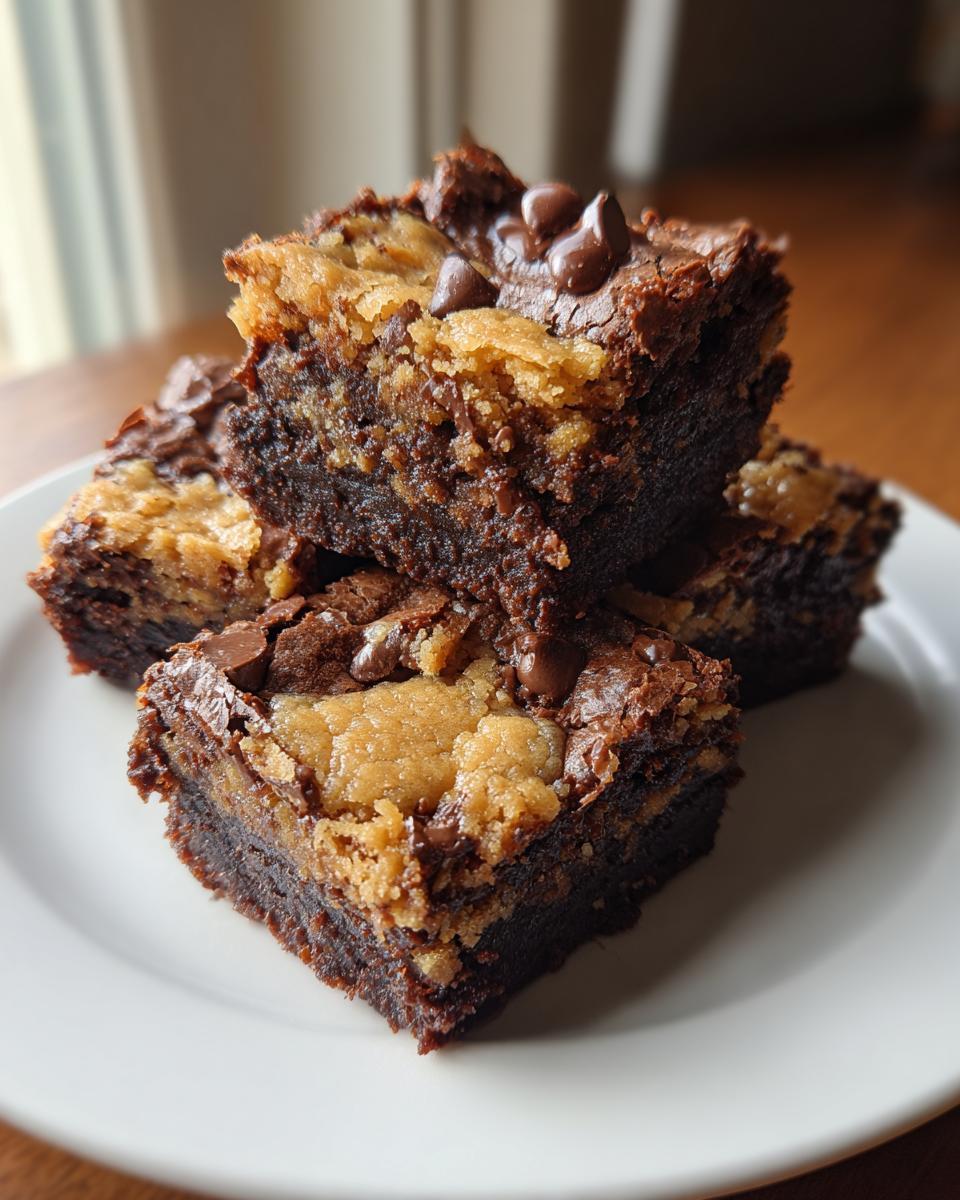 A stack of delicious chocolate chip cookie brownie bars on a white plate, showcasing the layers of cookie and brownie.