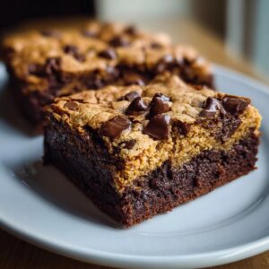 Two chocolate chip cookie brownie bars on a white plate, showcasing the brownie and cookie layers.
