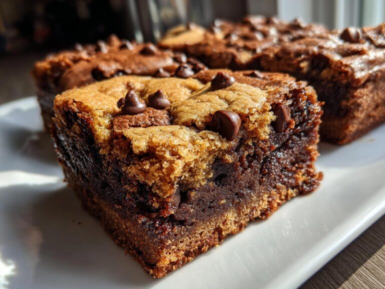 A close-up of a chocolate chip cookie brownie bars slice, showcasing the brownie and cookie layers.