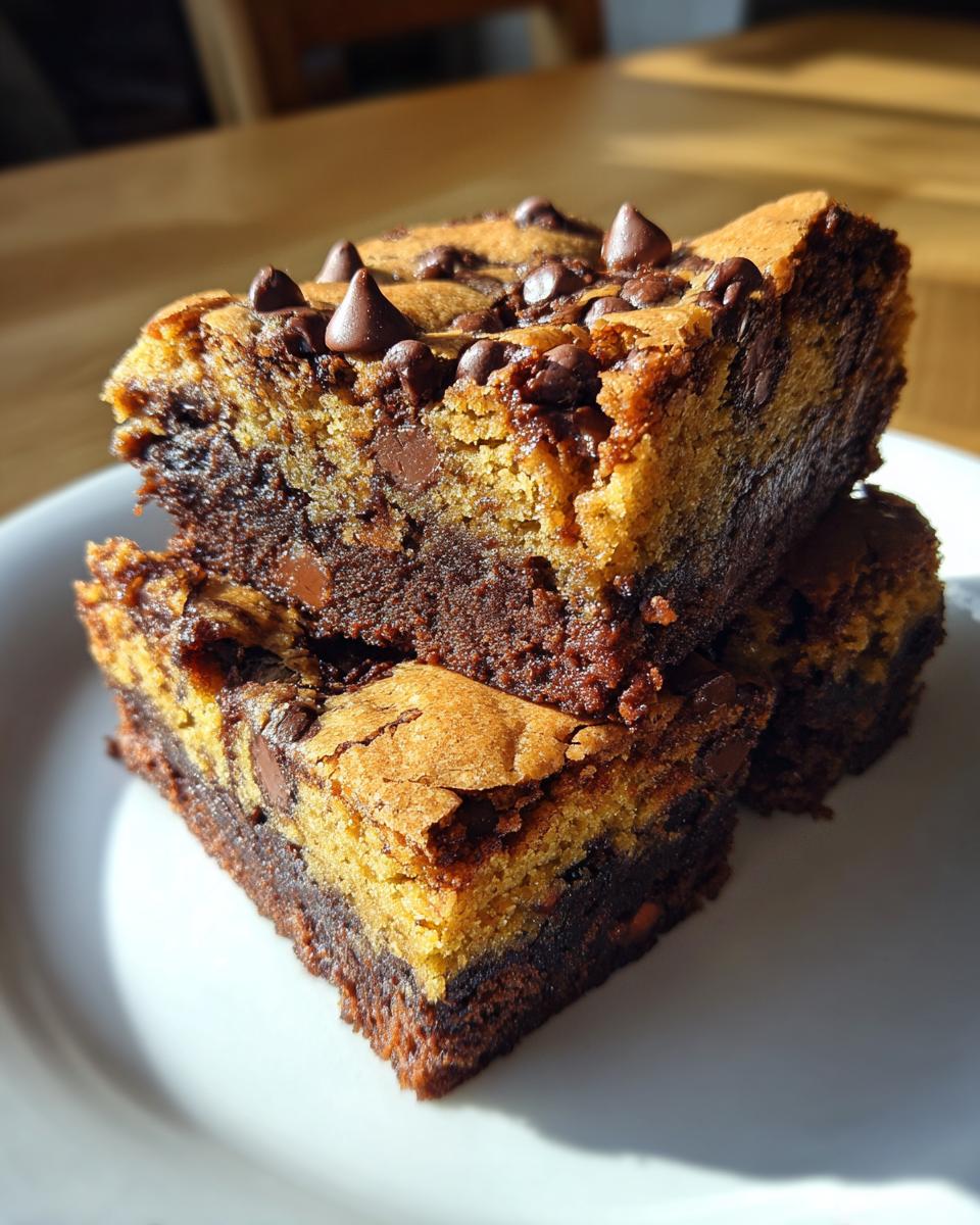 A stack of chocolate chip cookie brownie bars on a white plate, showcasing the brownie and cookie layers.
