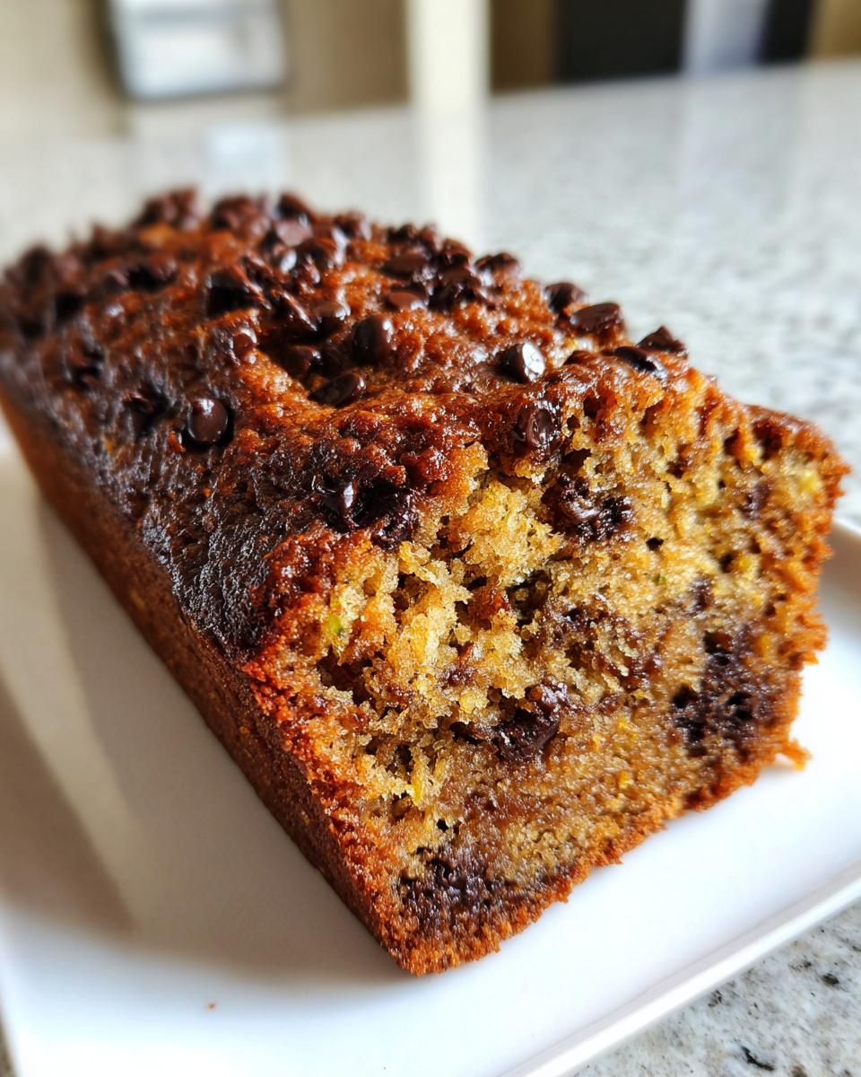 A loaf of homemade chocolate chip zucchini bread on a white plate, showing the moist crumb and melted chocolate chips.
