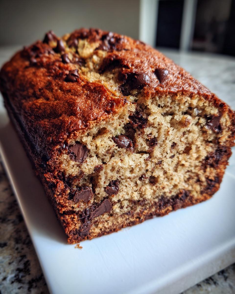 A loaf of chocolate chip zucchini bread, showing the texture and chocolate chips inside.