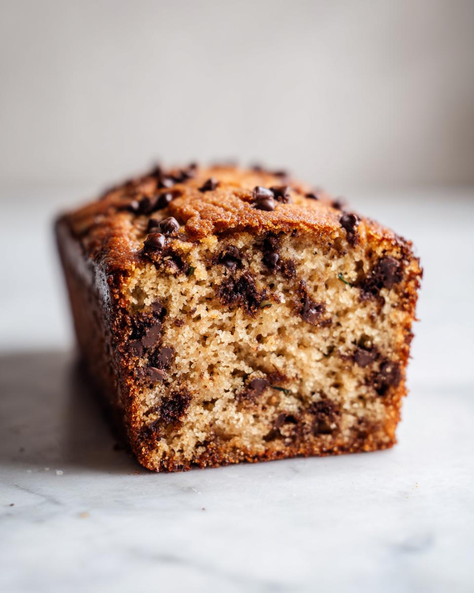 A delicious loaf of chocolate chip zucchini bread, showcasing the moist crumb and chocolate chips.