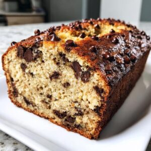 A delicious loaf of chocolate chip zucchini bread, studded with chocolate chips, sits on a white plate.