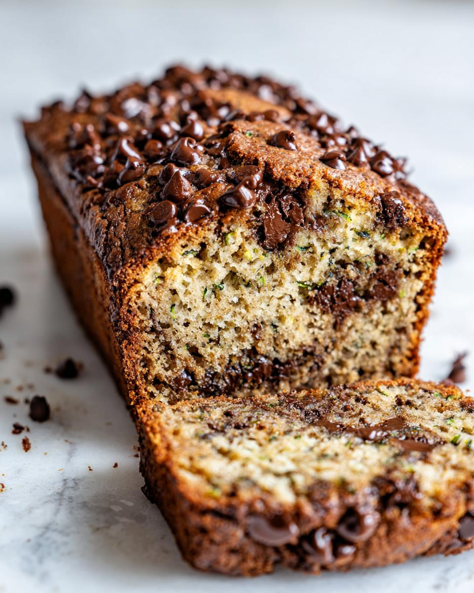 A loaf of chocolate chip zucchini bread with a slice cut, showing the moist interior and melted chocolate chips.