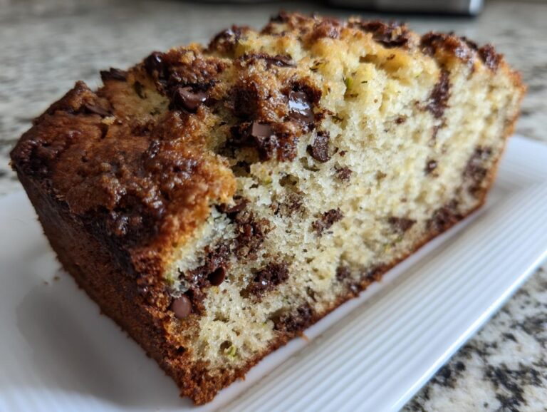 A slice of homemade chocolate chip zucchini bread on a white plate, showing the texture and chocolate chips.