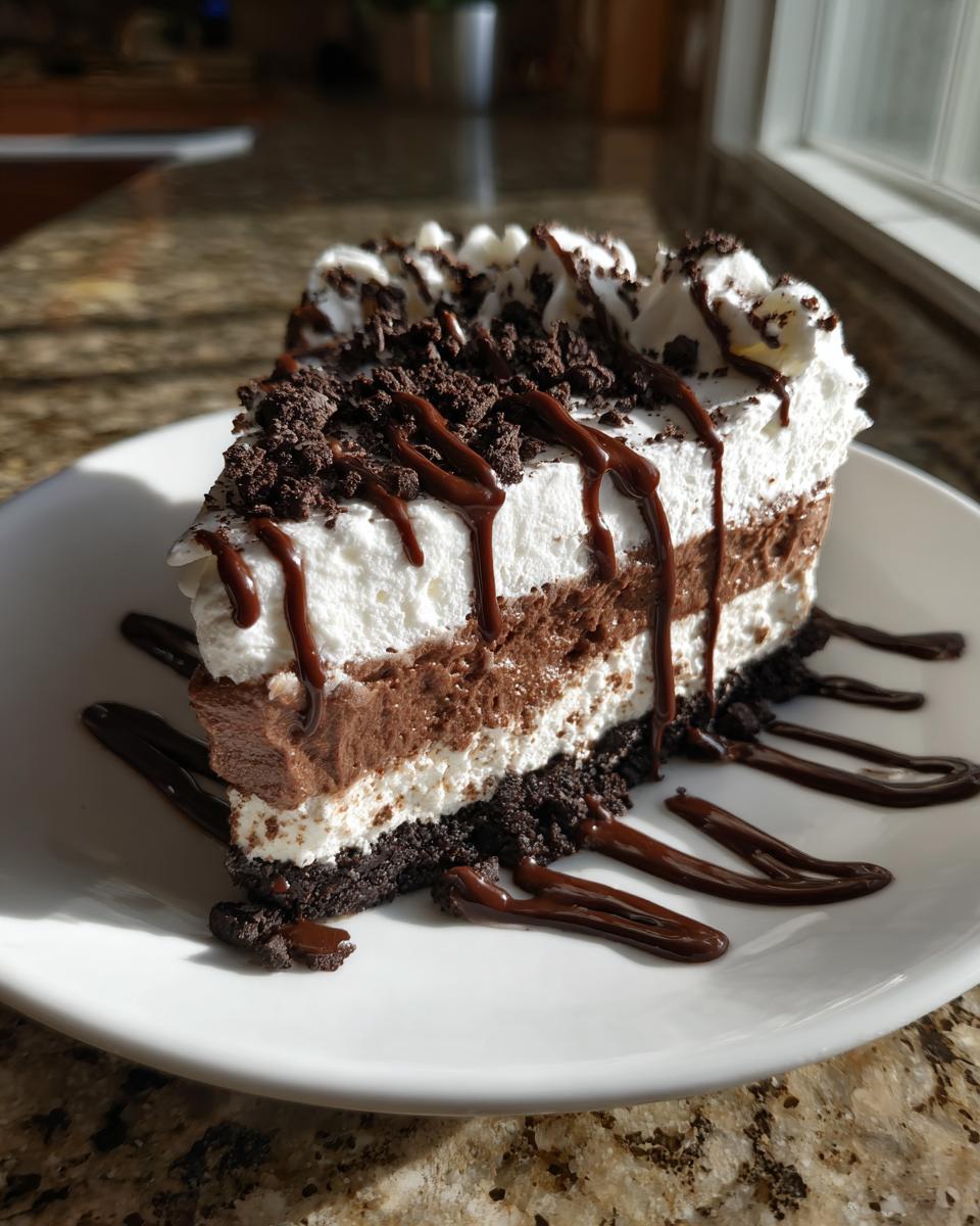 A delicious slice of chocolate lasagna dessert with layers of chocolate, cream, and cookie crust.