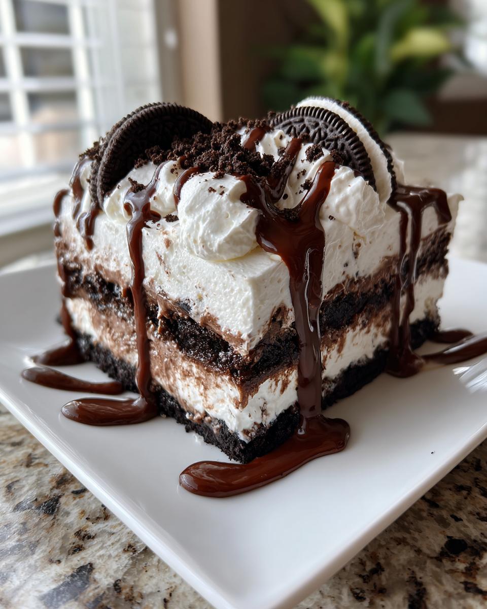 A slice of chocolate lasagna dessert topped with whipped cream, chocolate drizzle, and Oreo cookies.