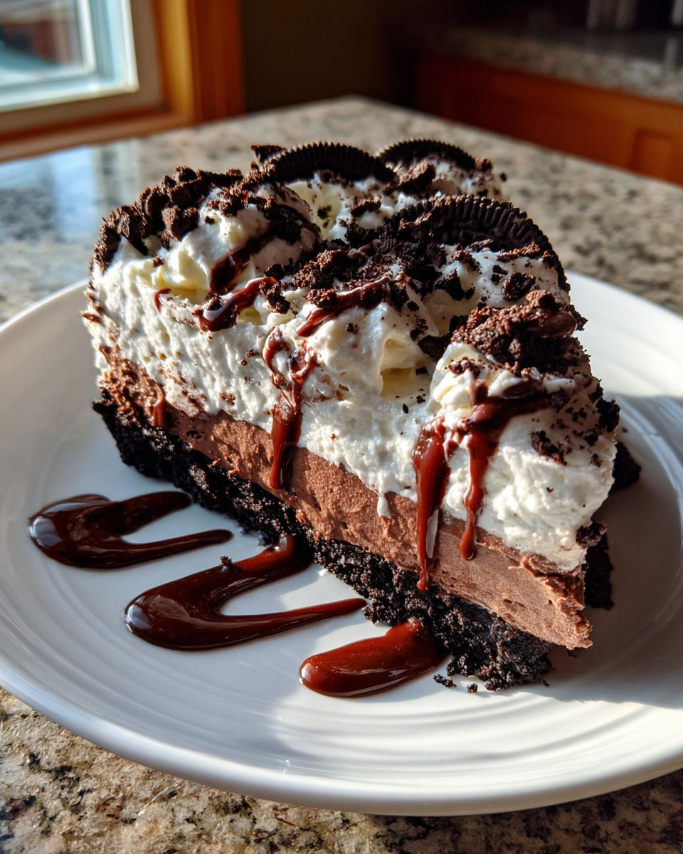 A slice of chocolate lasagna dessert with layers of chocolate, cream, and cookie crumbs, drizzled with chocolate sauce.