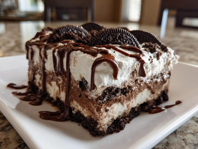 A decadent slice of chocolate lasagna dessert with layers of chocolate, cream, and Oreo cookies.