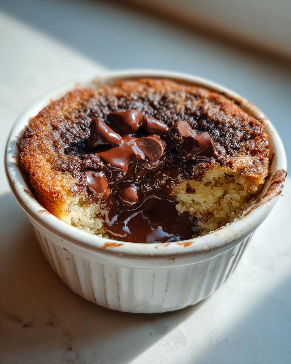 Close-up of chocolate lava baked oats in a white ramekin, topped with melted chocolate chips.