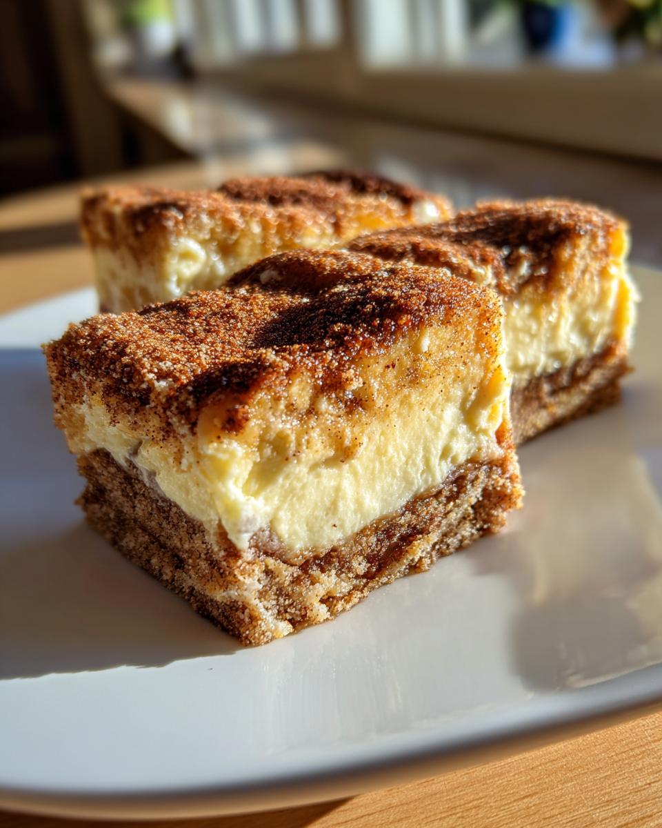 Three churro cheesecake bars on a white plate, showcasing the creamy filling and cinnamon-sugar topping.