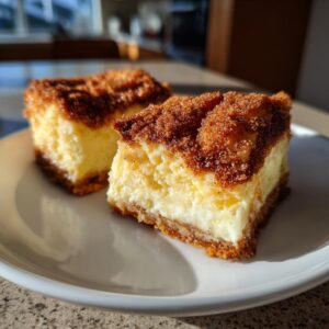 Two churro cheesecake bars on a white plate, showcasing the creamy filling and cinnamon-sugar topping.