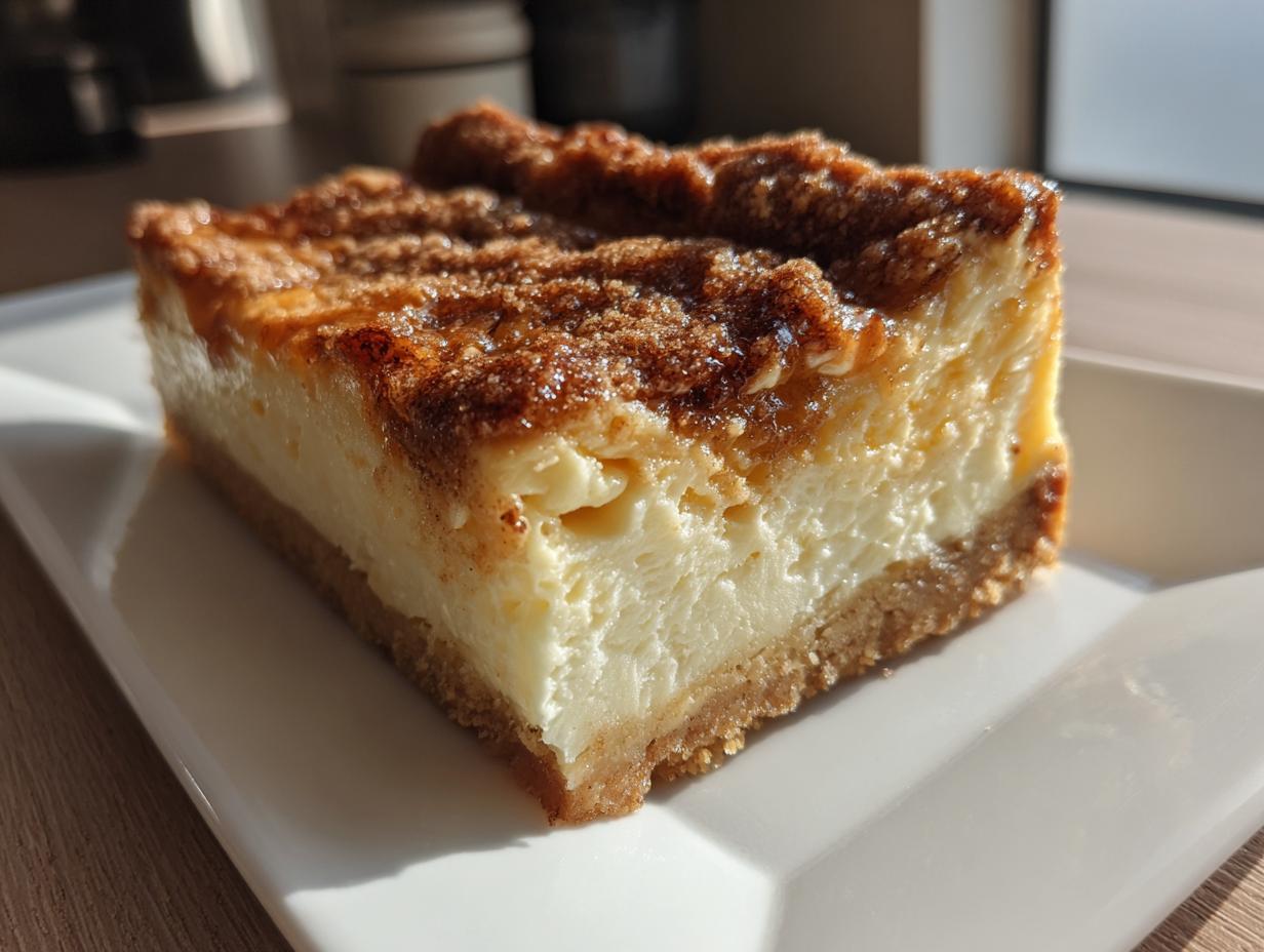 A single slice of churro cheesecake bars on a white plate, showcasing the layers and cinnamon-sugar topping.