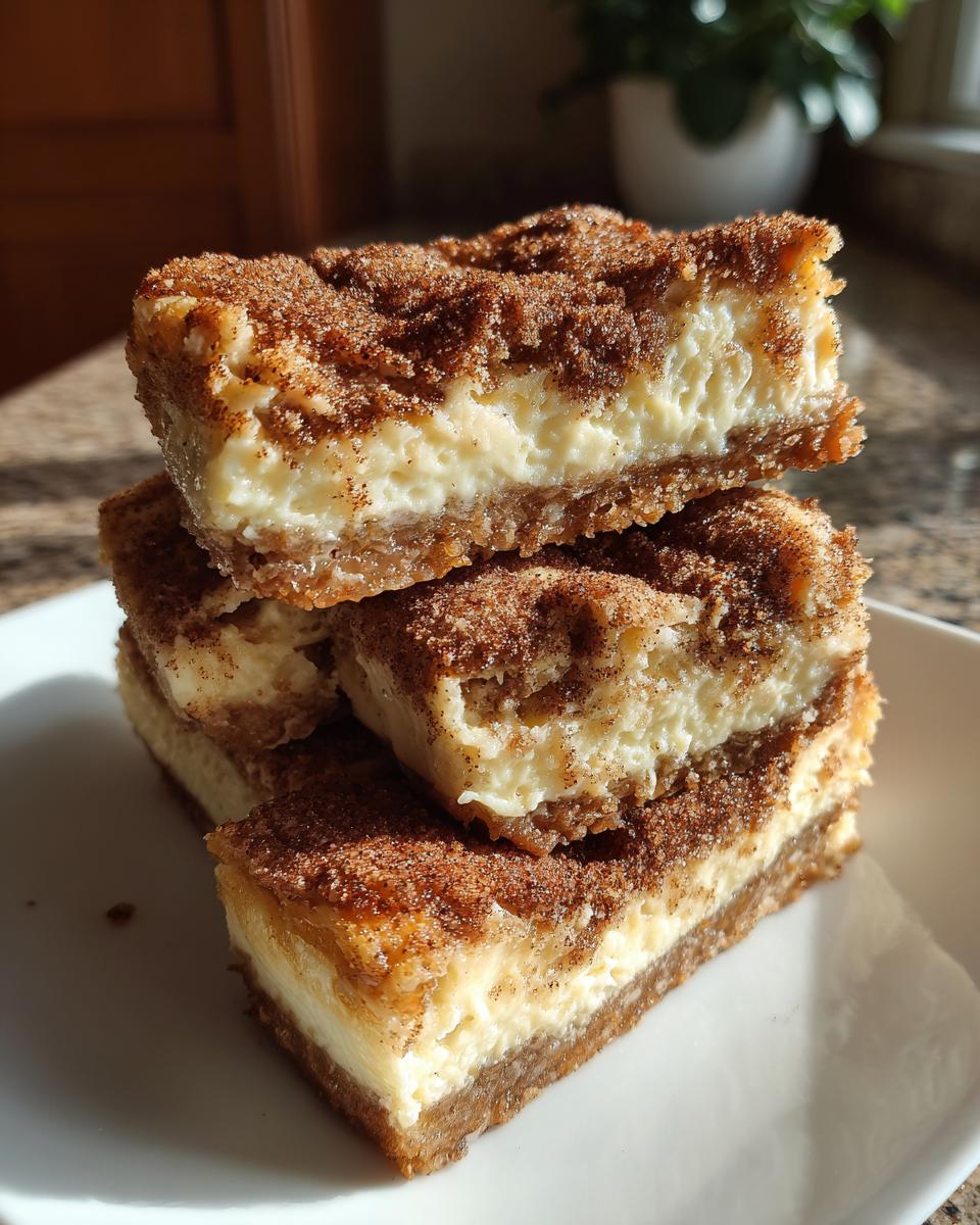 A stack of delicious churro cheesecake bars, showcasing the cinnamon-sugar topping and creamy cheesecake filling.