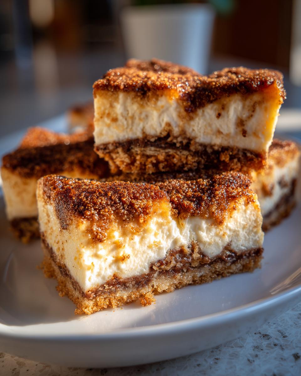 A stack of homemade churro cheesecake bars on a white plate, showcasing layers of crust, filling, and cinnamon topping.