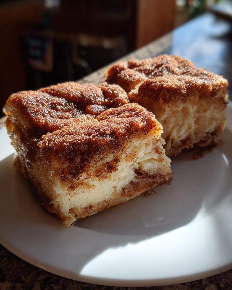 Two churro cheesecake bars on a white plate, dusted with cinnamon sugar.
