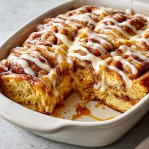 Close up of a baked cinnamon roll casserole with white icing drizzled on top in a white baking dish.