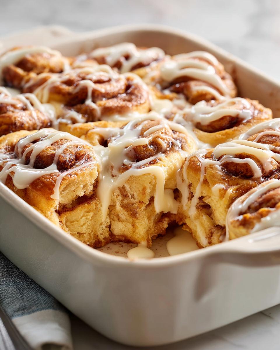 Freshly baked Cinnamon roll casserole in a baking dish, drizzled with sweet icing.