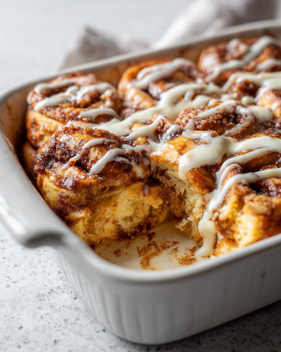 Close-up of a baked cinnamon roll casserole with creamy icing in a white baking dish.