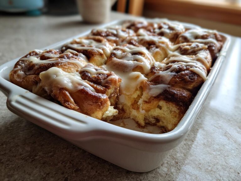 Close-up of a freshly baked cinnamon roll casserole with creamy icing in a white baking dish.
