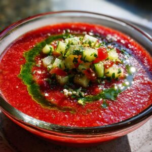 A bowl of vibrant classic gazpacho soup, topped with diced cucumbers and tomatoes, and drizzled with green oil.