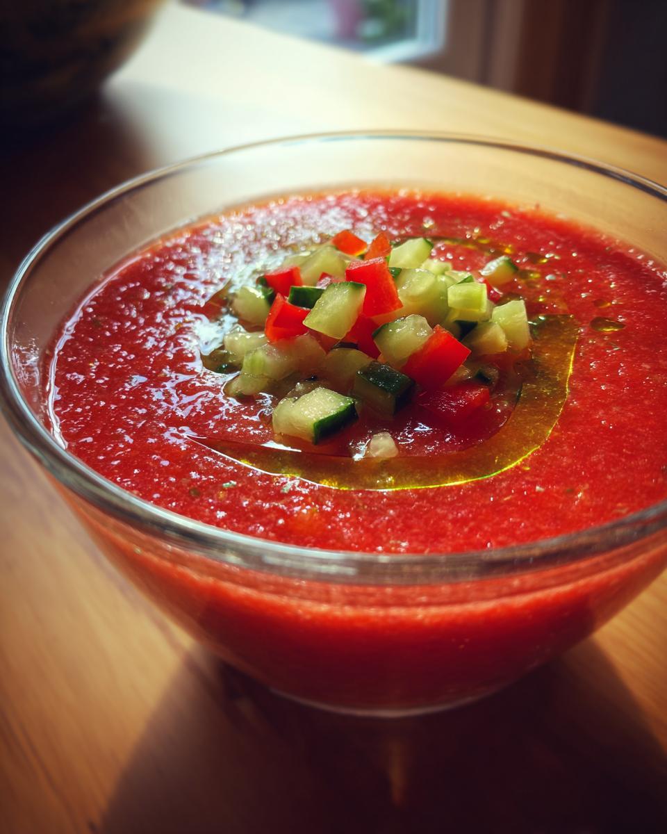 A clear bowl of classic gazpacho soup topped with diced cucumbers and red bell peppers.