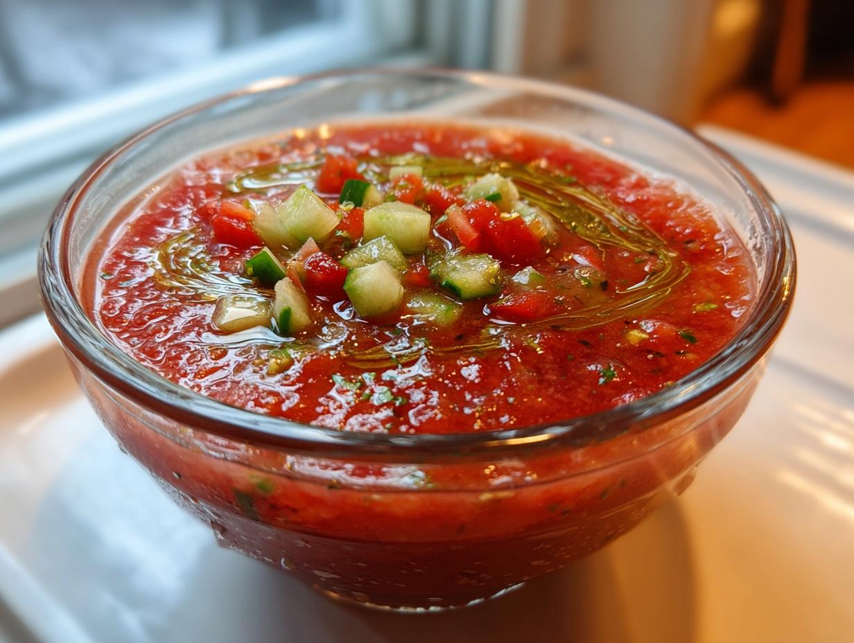 A clear bowl filled with classic gazpacho soup, garnished with diced cucumbers and tomatoes, and drizzled with olive oil.