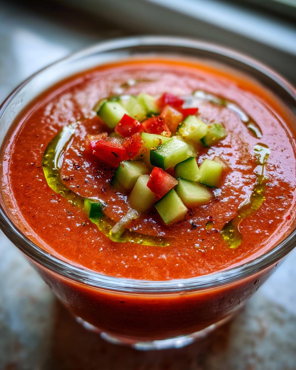 Close-up of classic gazpacho soup in a glass, topped with diced cucumbers and peppers, drizzled with olive oil.