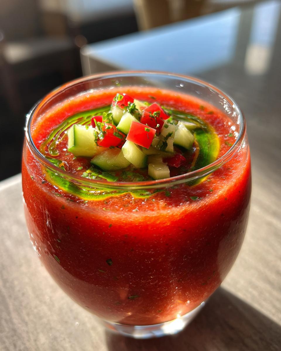 A glass filled with vibrant classic gazpacho soup, garnished with diced cucumbers and tomatoes.