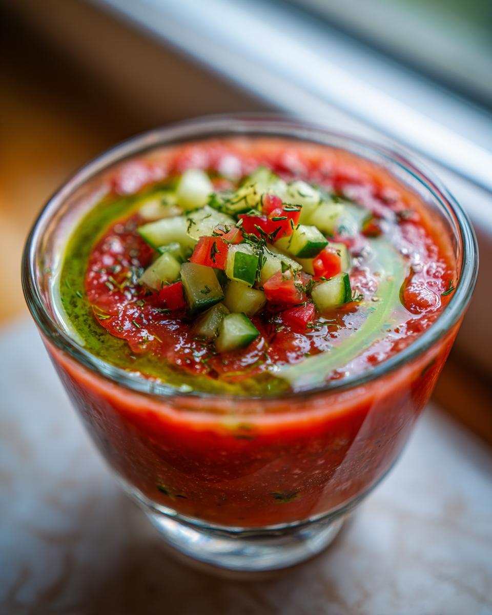 A glass of classic gazpacho soup topped with diced cucumbers and tomatoes, drizzled with olive oil.