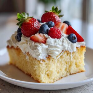 A slice of classic tres leches cake topped with whipped cream, strawberries, blueberries, and raspberries.