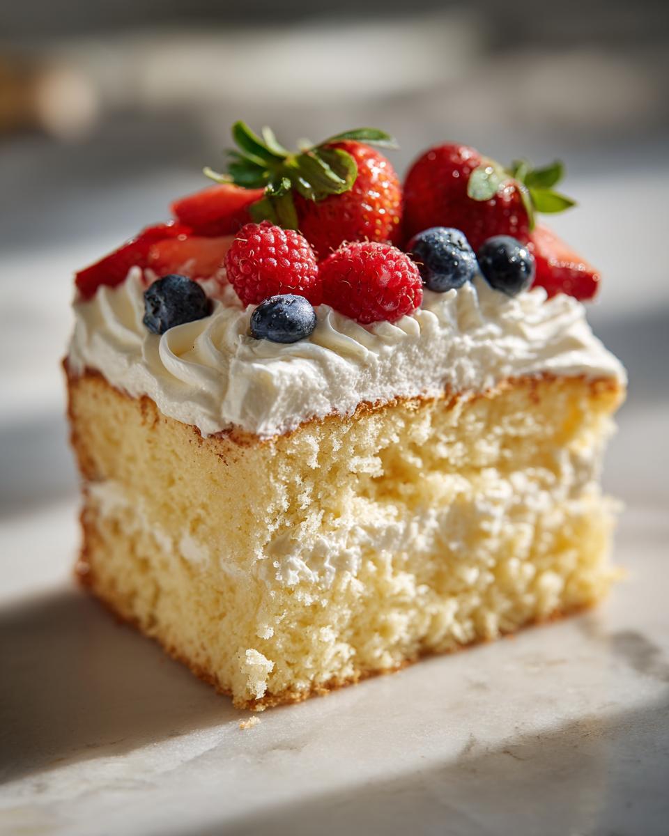 A slice of classic tres leches cake topped with whipped cream, strawberries, raspberries, and blueberries.